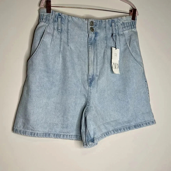 NWT Zara Blue Paper-bag denim Shorts - Picture 2 of 7